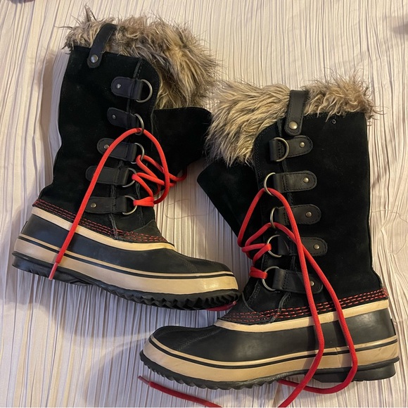 Sorel Joan of Arc winter waterproof boots faux fur‎ trim black green size 7 1/2 - Picture 1 of 13